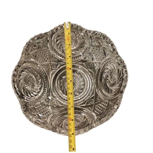 Vintage Cut Crystal Glass Serving Bowl w/ Pinwheel Star Pattern Tooth Edge - Picture 3 of 13